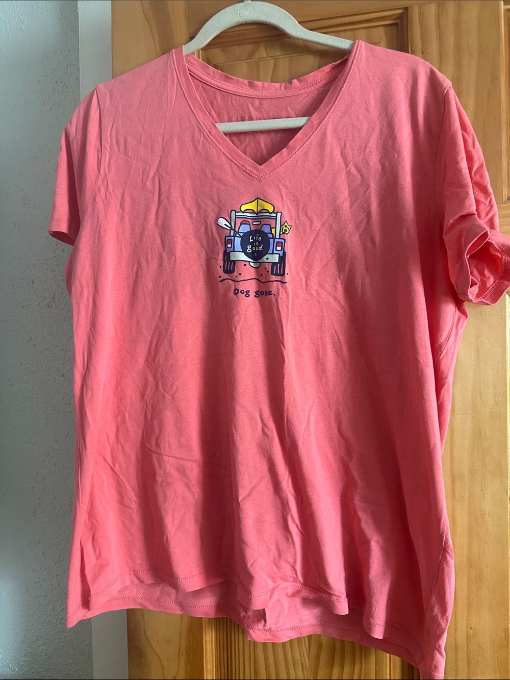 Life Is Good Coral Pink V-Neck Tee with Truck Graphic